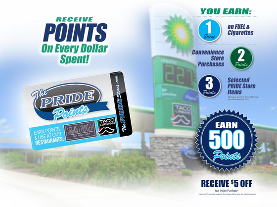 An advertisement for a gas station that says earn 500 points on every dollar spent.