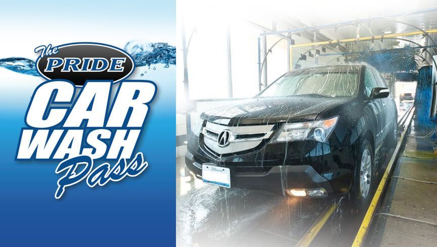 The Pride Car Wash Pass ad: Black Acura in car wash tunnel; blue logo on left.