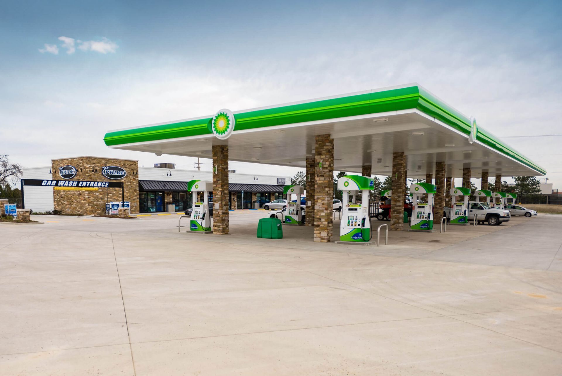 A bp gas station with a lot of gas pumps