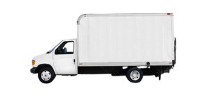 a white moving truck is shown on a white background