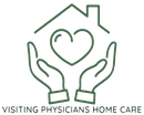 A logo for visiting physicians home care shows two hands holding a heart in front of a house.