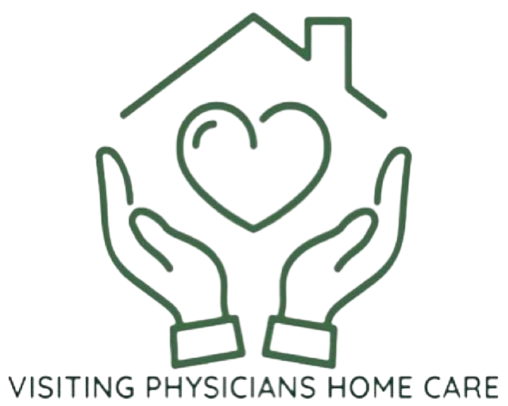 A logo for visiting physicians home care shows two hands holding a heart in front of a house.