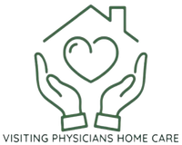 A logo for visiting physicians home care shows two hands holding a heart in front of a house.