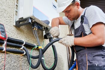 A man is working on a solar panel on the side of a building.
