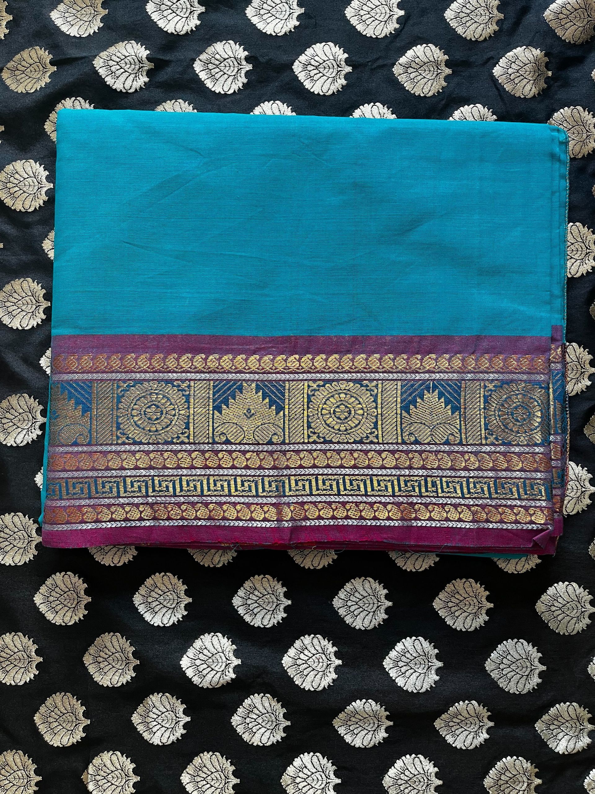 Cotton Teal Blue - Saree Only