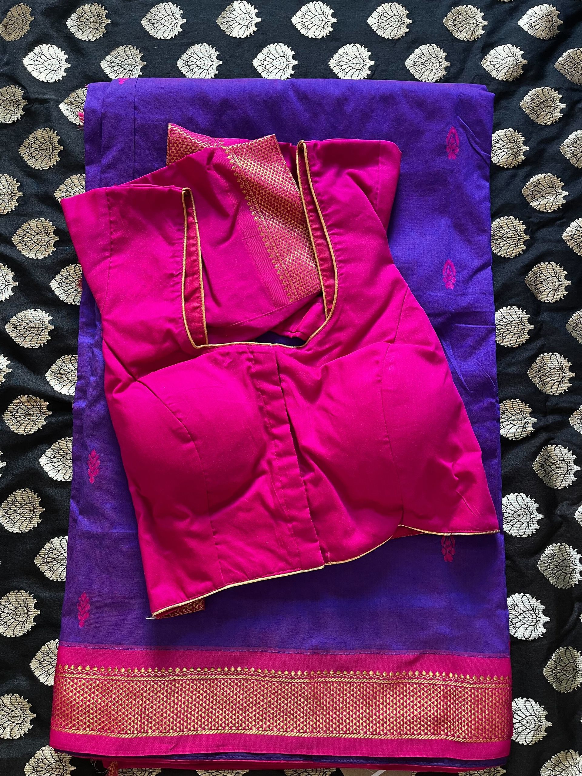 Pink&Purple Cotton Saree + Blouse