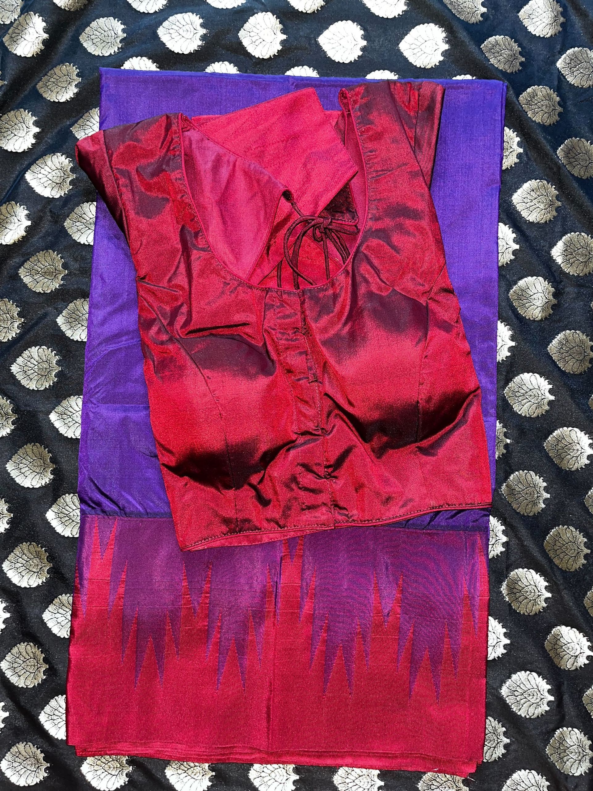 Blended Silk Purple Temple Saree + Blouse