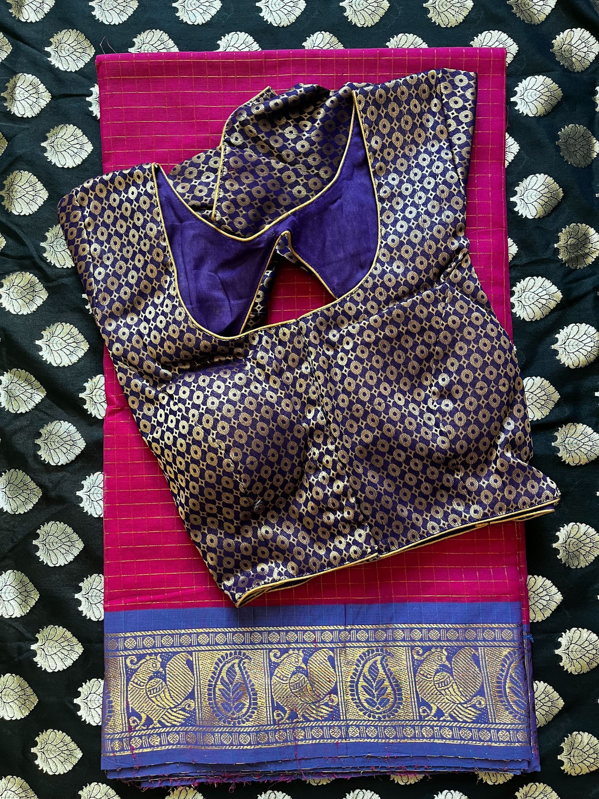 Pink Cotton Checks Saree + Blouse