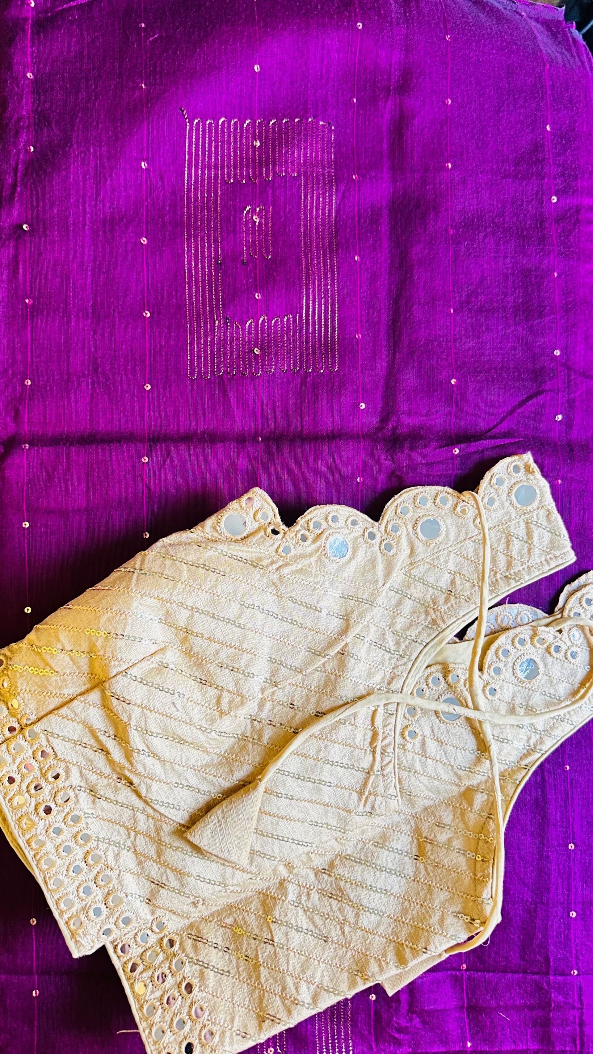 Maroon Sequin Stripe Matka Saree + Blouse