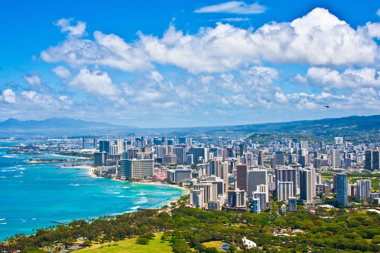 Arial photograph of Hawaii skyline and shore