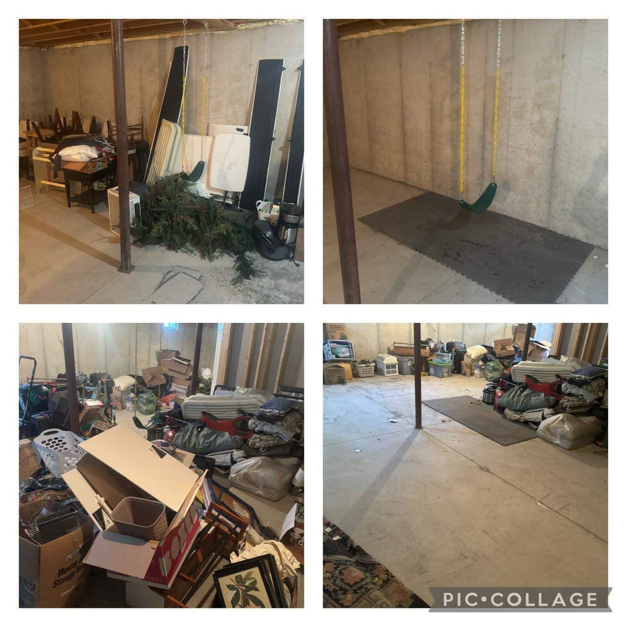 A collage of four pictures of a messy basement