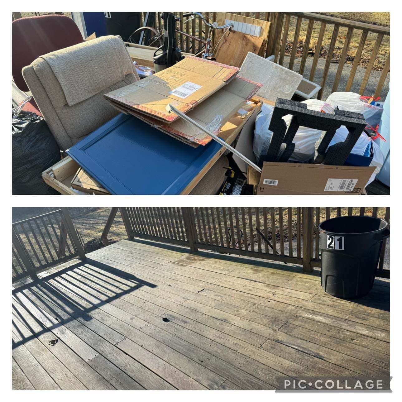 A before and after picture of a deck filled with junk.