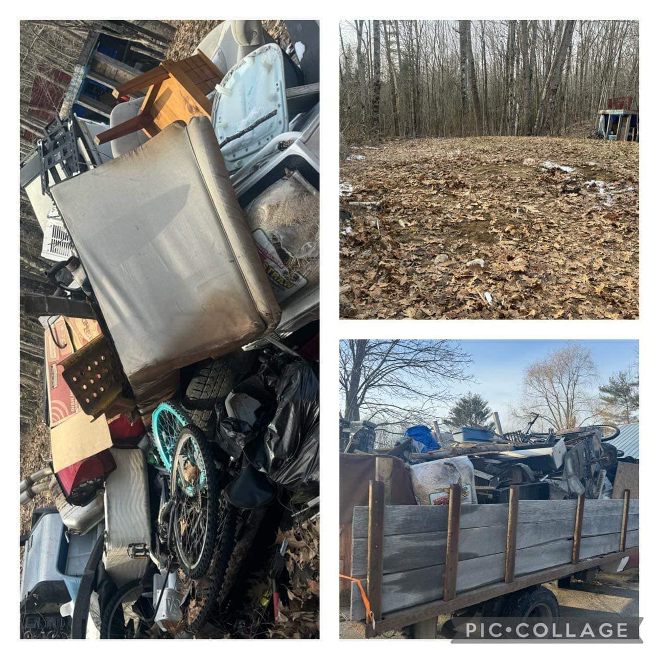 A pile of junk is sitting in a field next to a trailer.