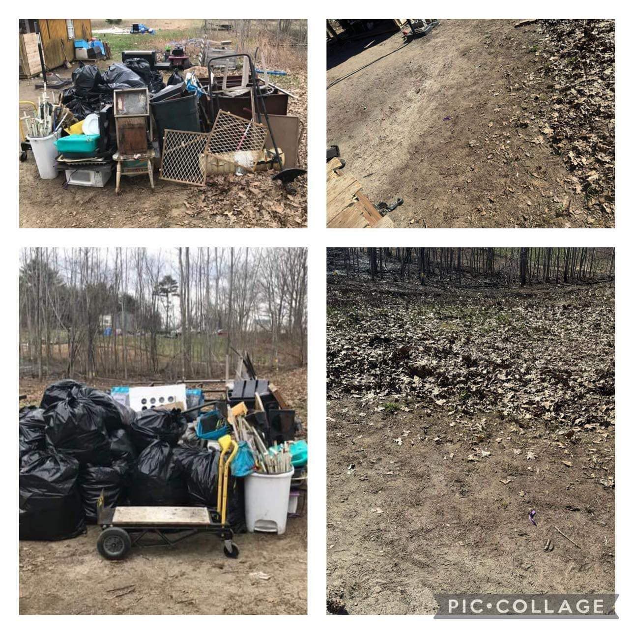A collage of four pictures shows a pile of trash on the ground