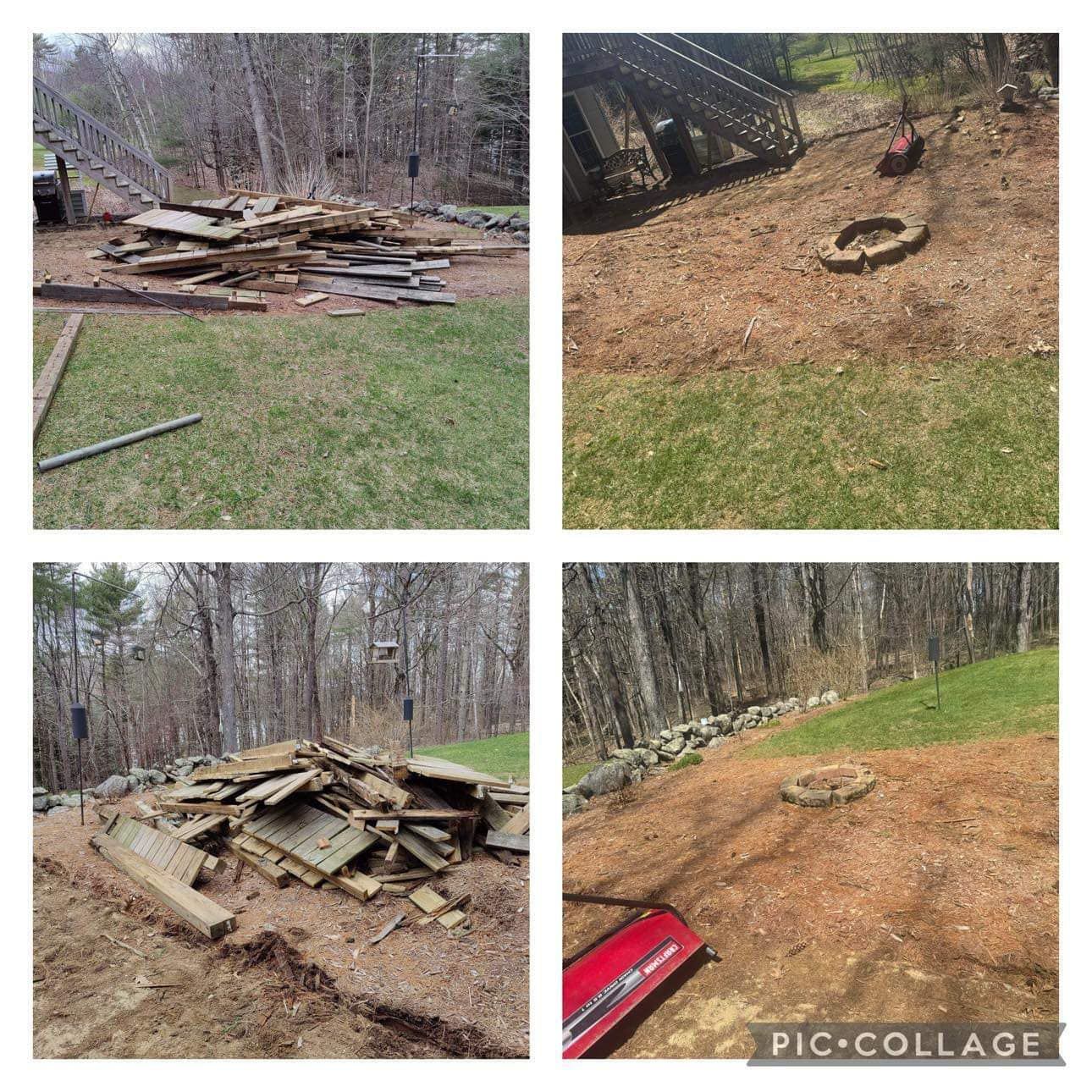 A collage of four pictures shows a pile of wood and a fire pit