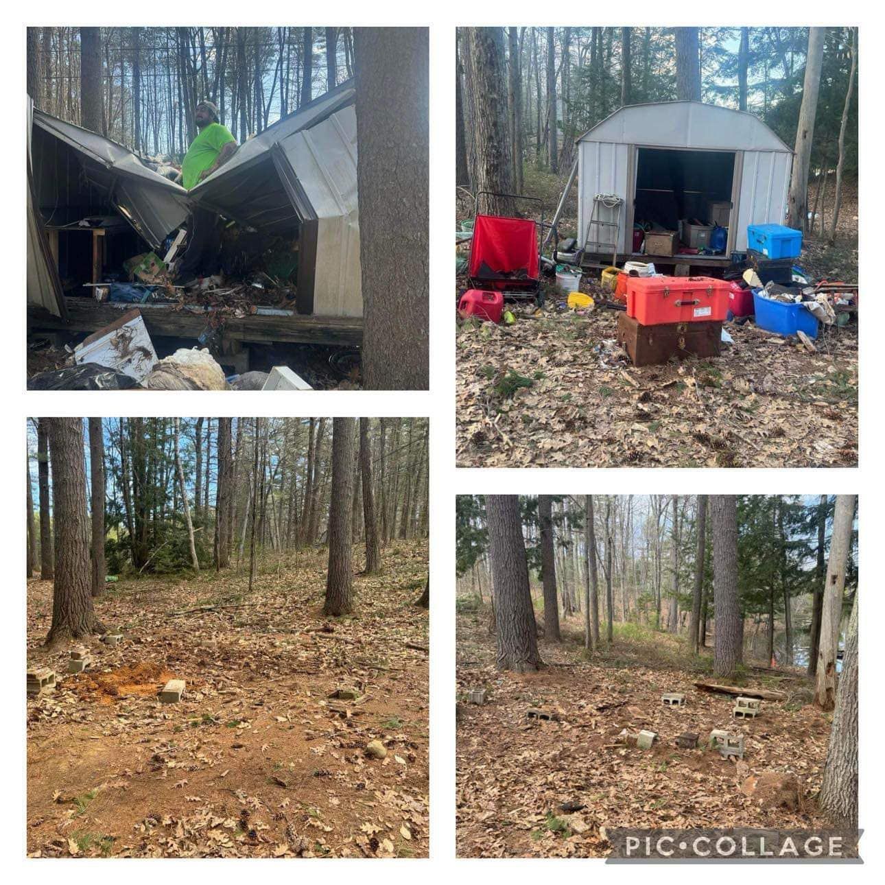 A collage of four pictures of a shed in the woods