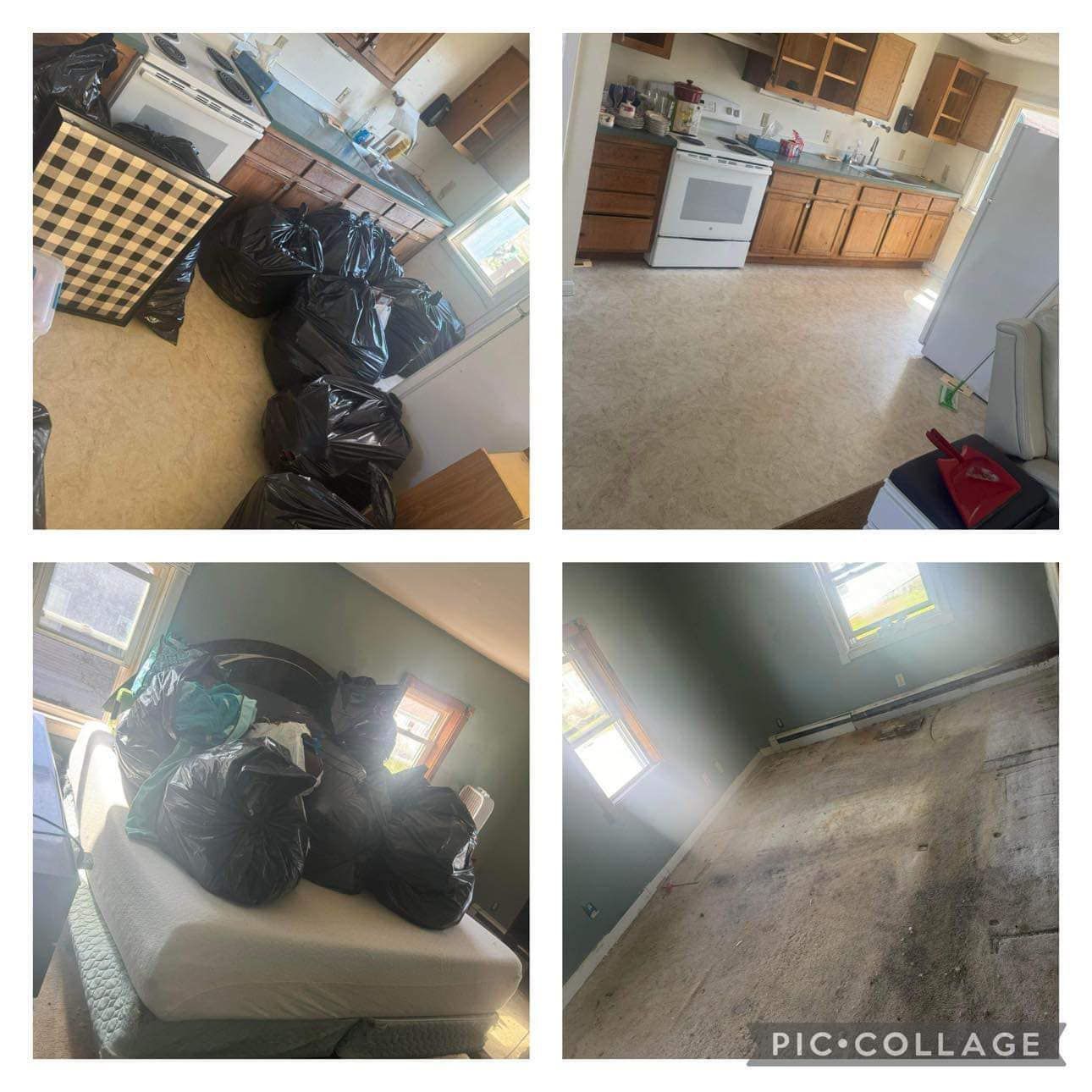 A collage of four pictures of a messy house