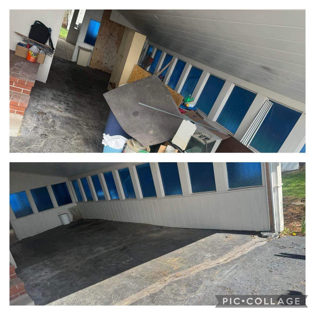 A before and after photo of a garage with blue windows