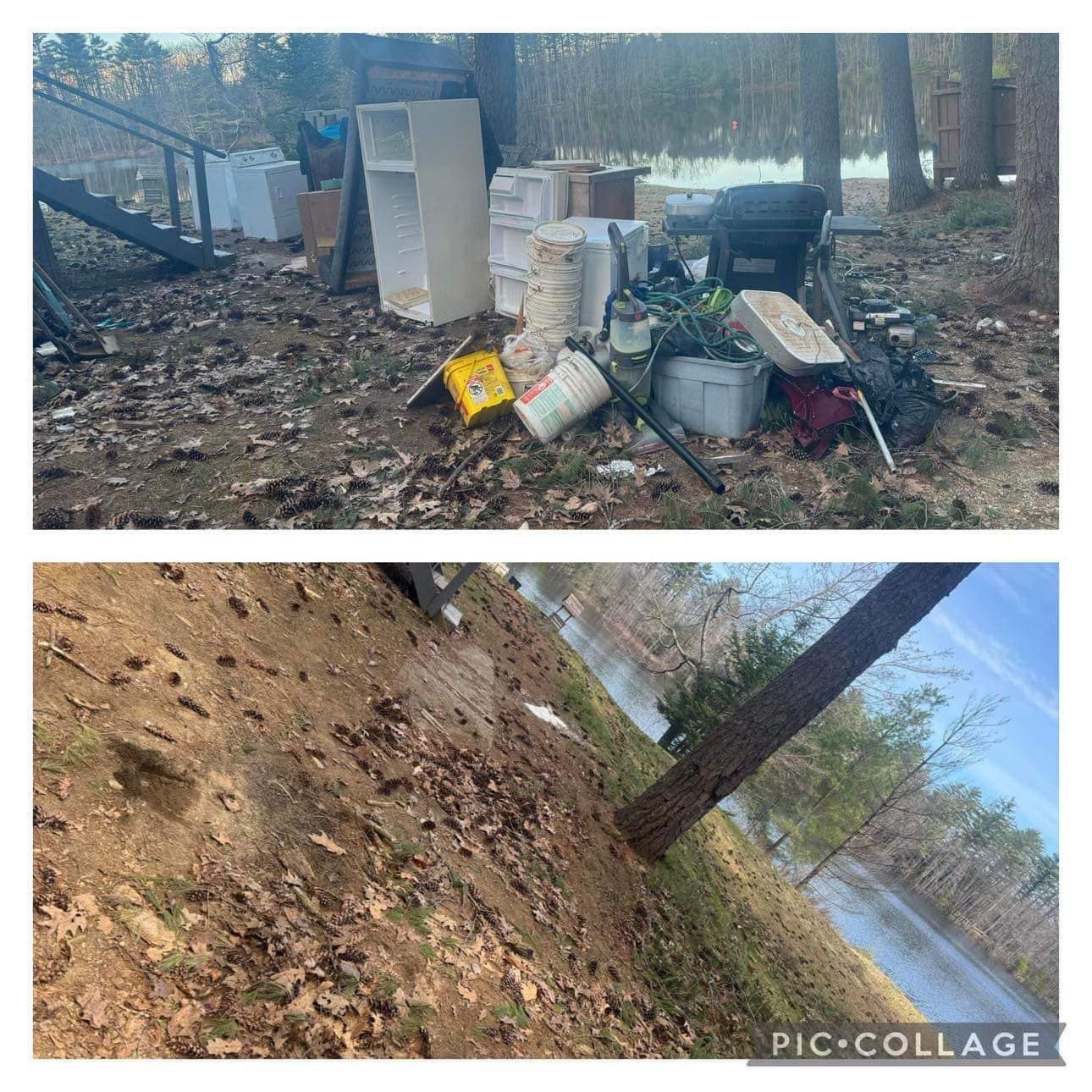 A before and after picture of a pile of garbage next to a river.