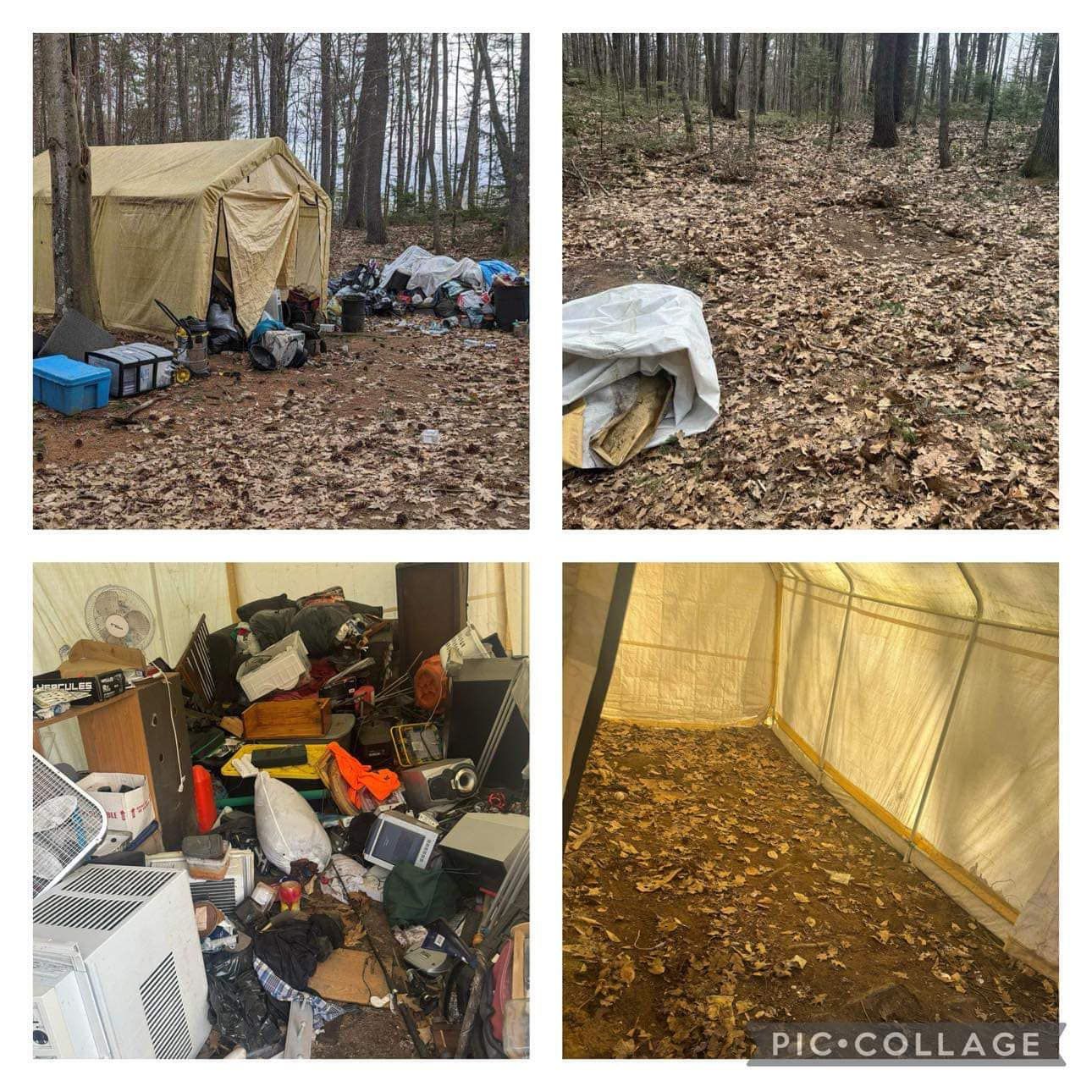 A collage of four pictures of a messy tent in the woods.