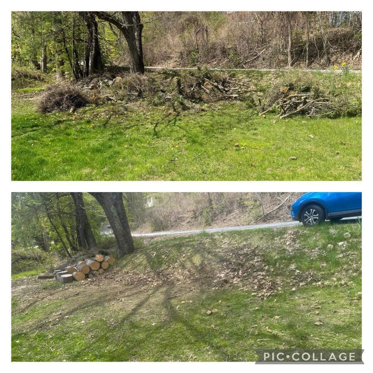 A before and after picture of a yard with a blue car parked in the grass.