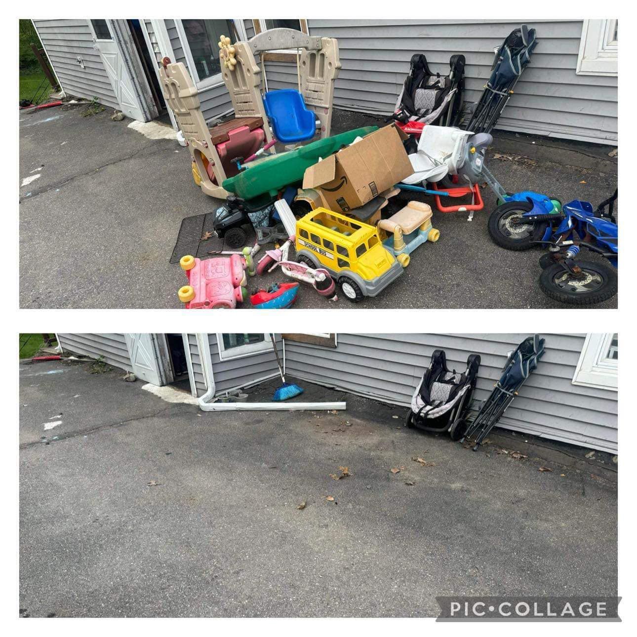 A pile of toys is sitting in front of a house.