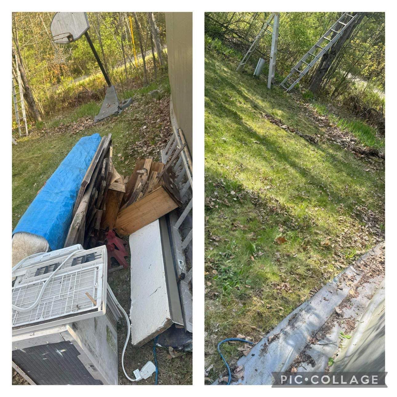 A before and after picture of a pile of trash in a yard.