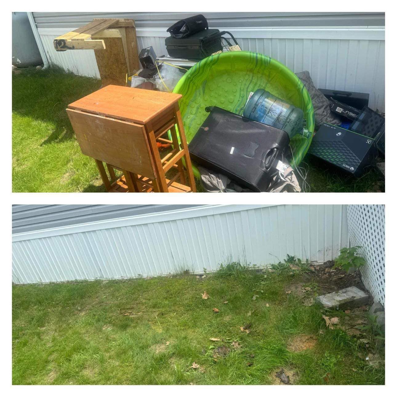 A bunch of junk is sitting on the grass in front of a house.