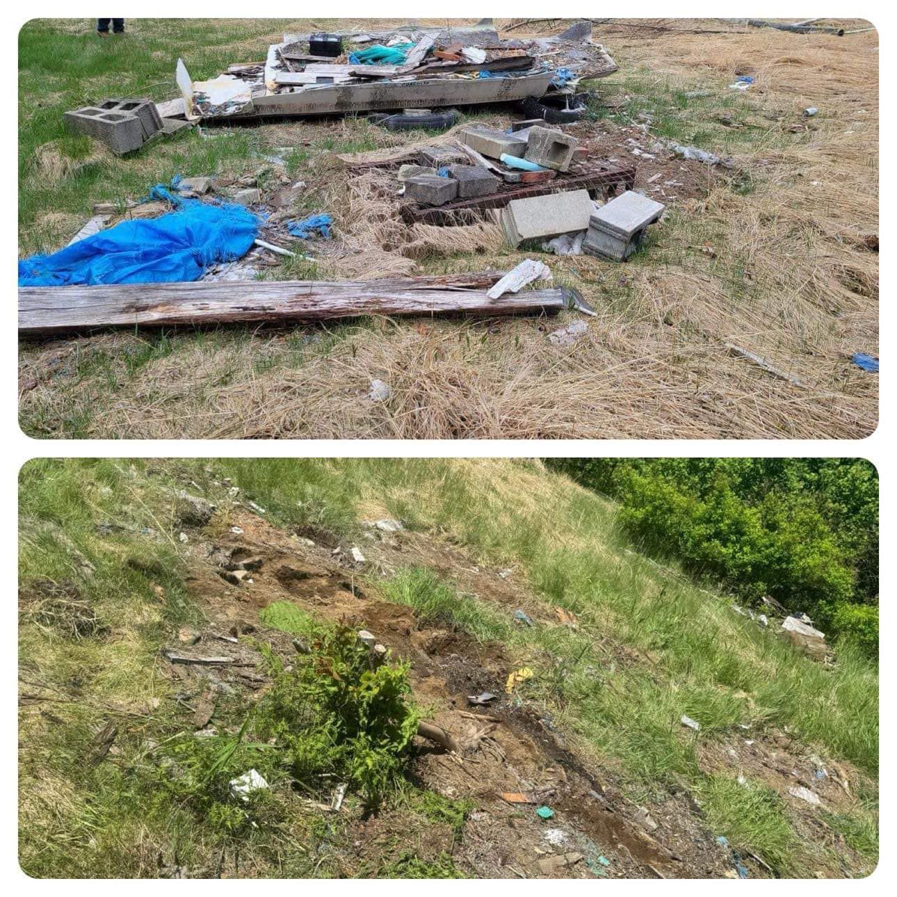 A before and after picture of a pile of trash on a grassy hillside.