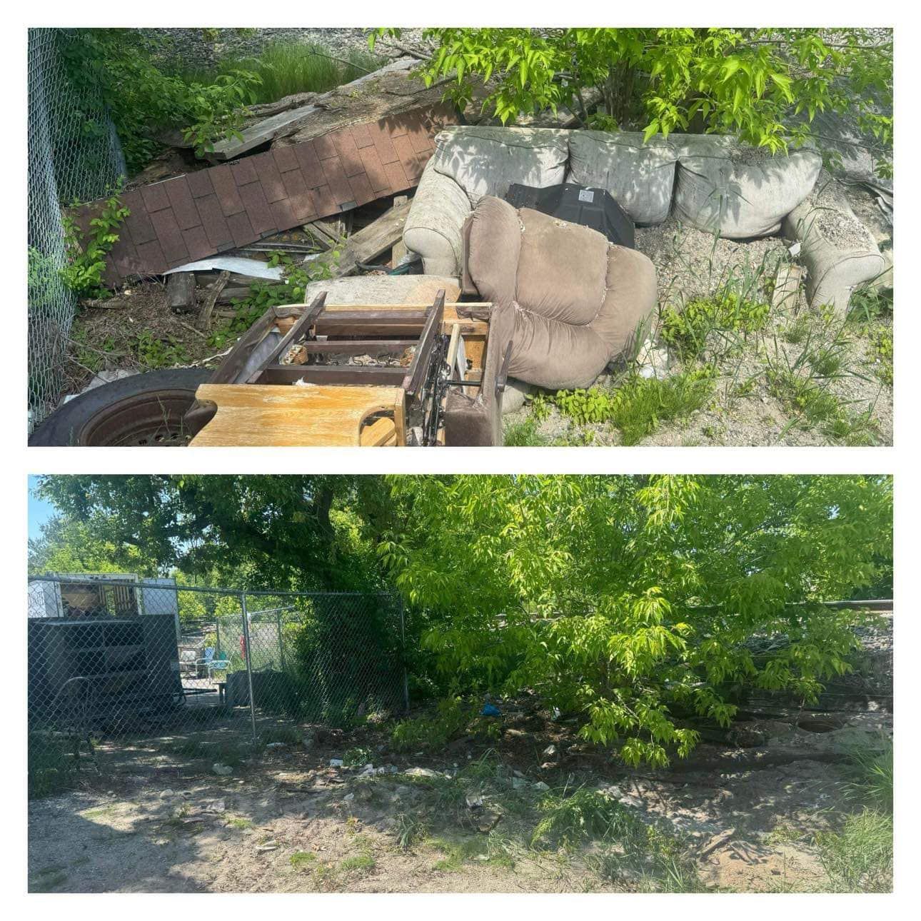 A before and after picture of a fenced in yard