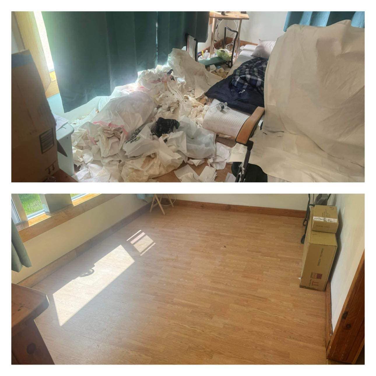 There is a before and after picture of a messy room.