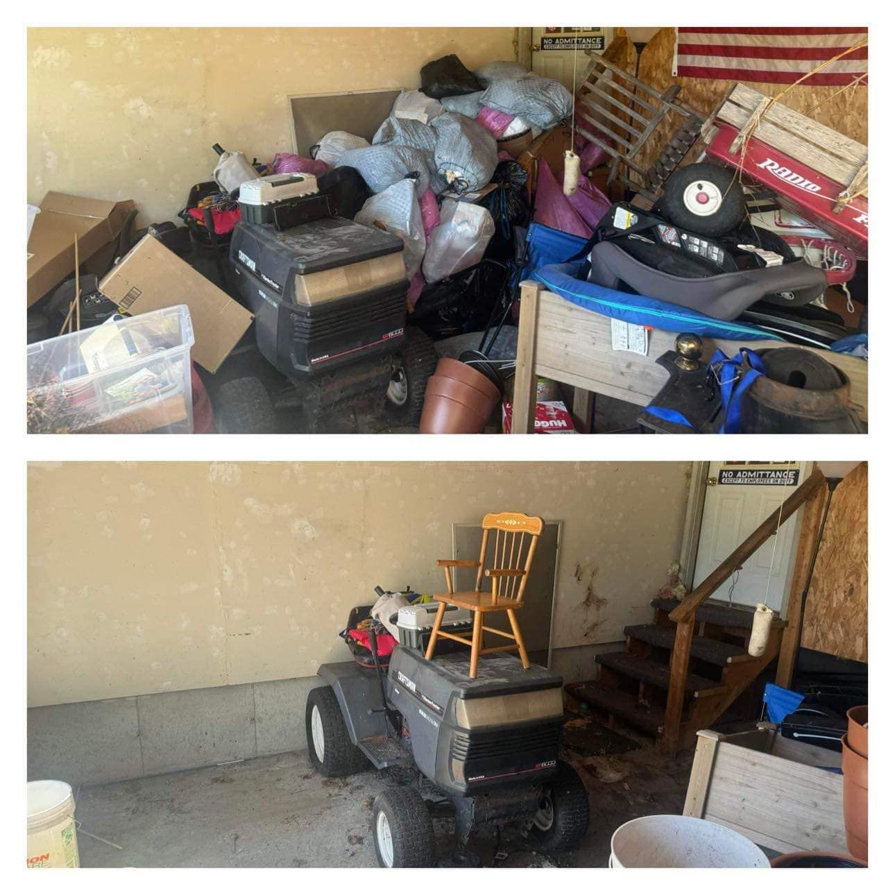 A before and after picture of a garage filled with junk.