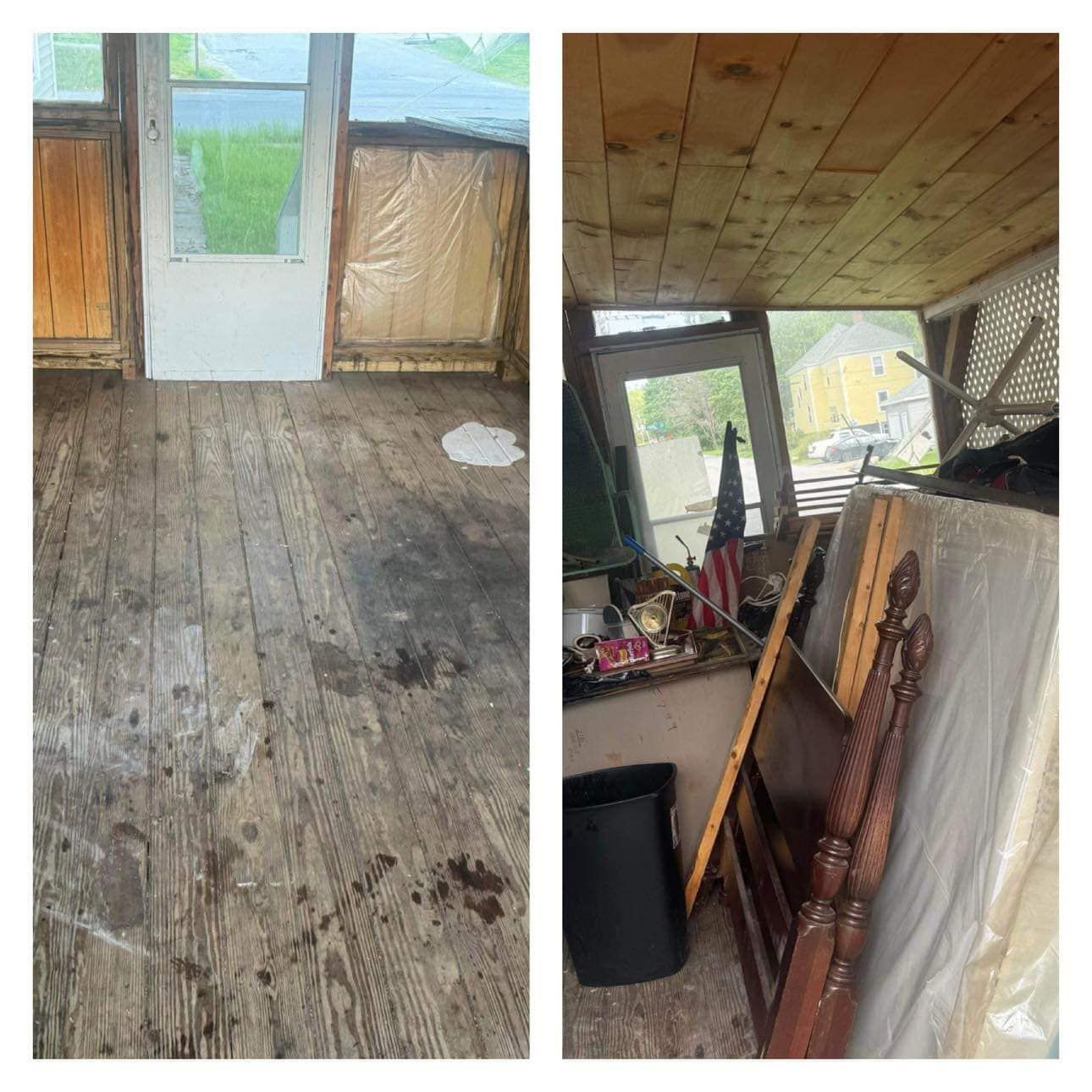 A before and after picture of a room with a wooden floor.