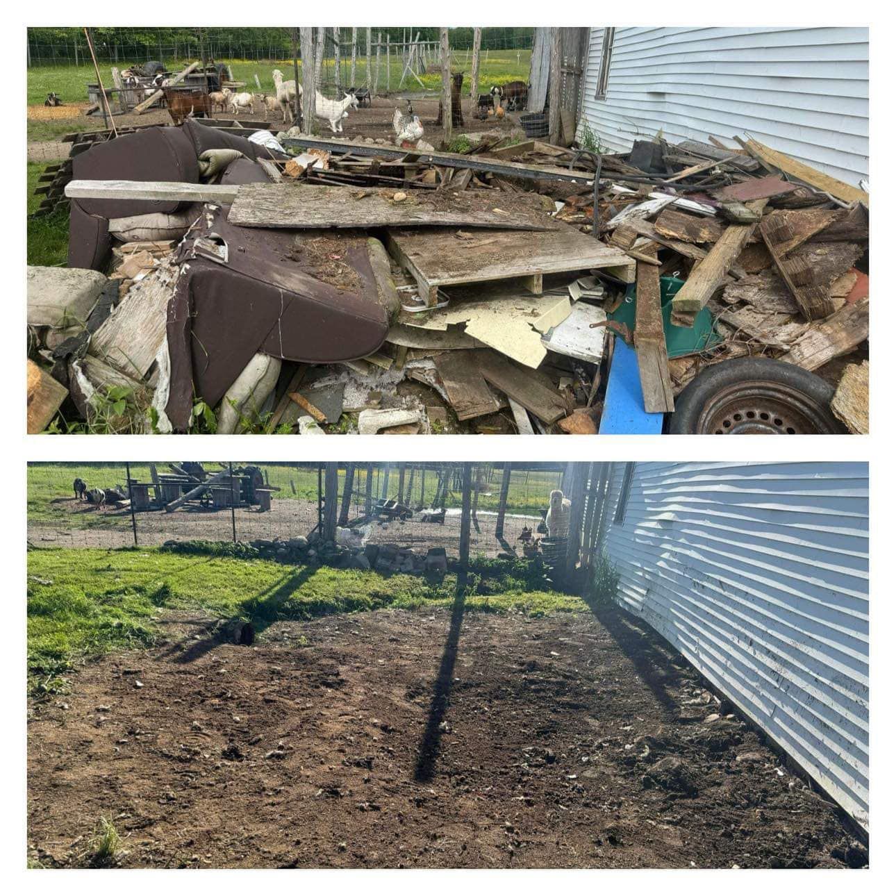 A pile of wood and a pile of dirt in front of a house.