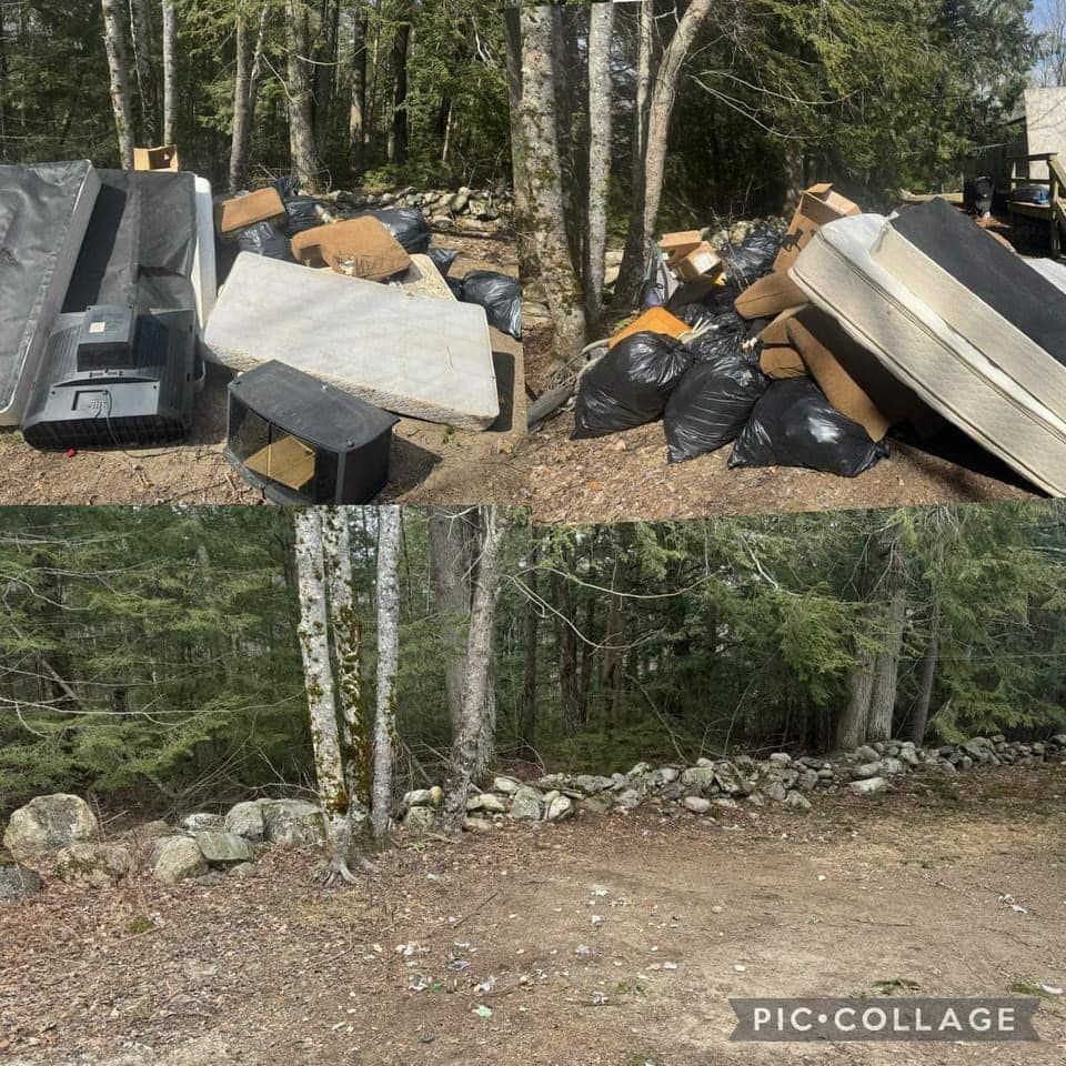 A pile of trash is sitting in the middle of a forest.