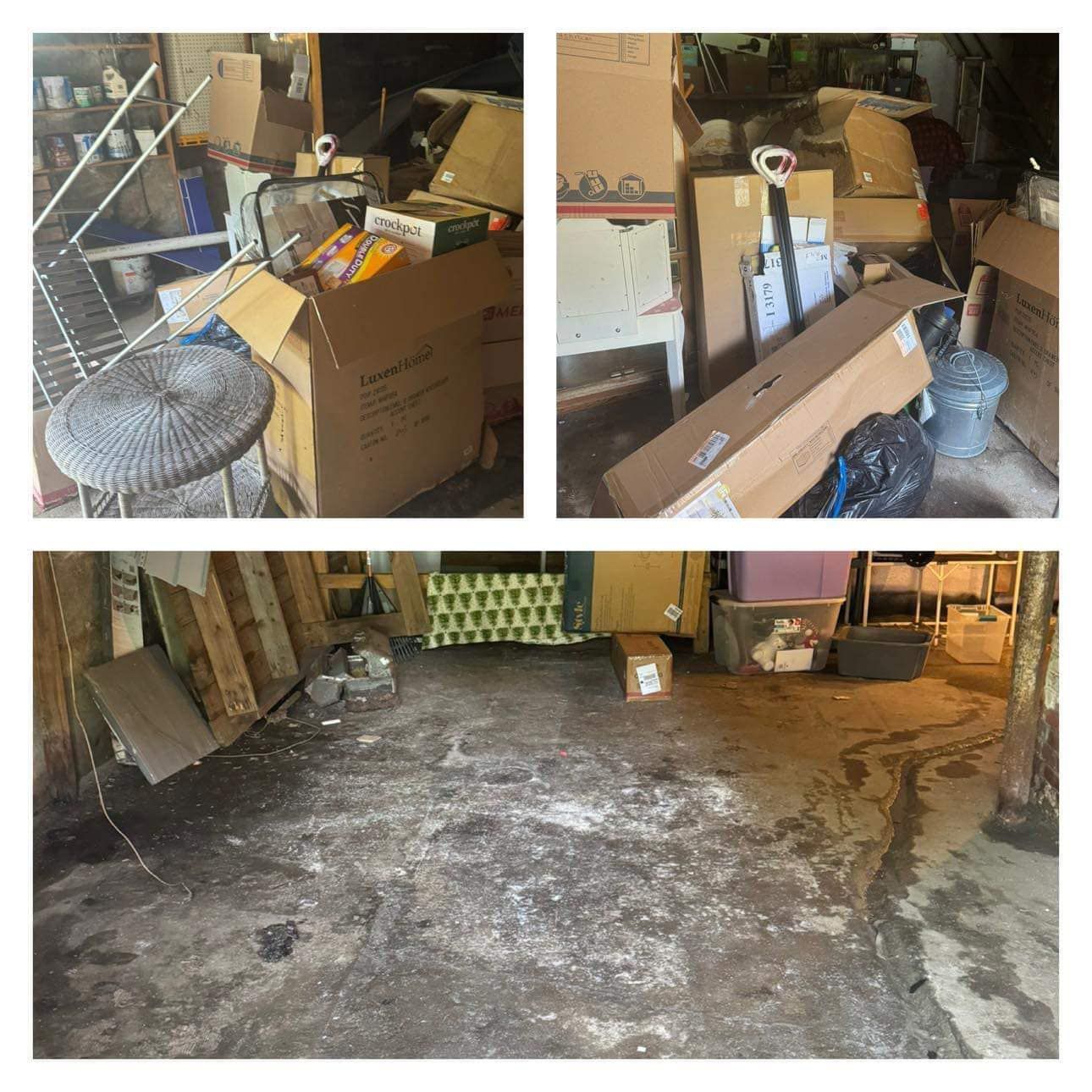 A collage of four pictures of a messy garage filled with boxes.