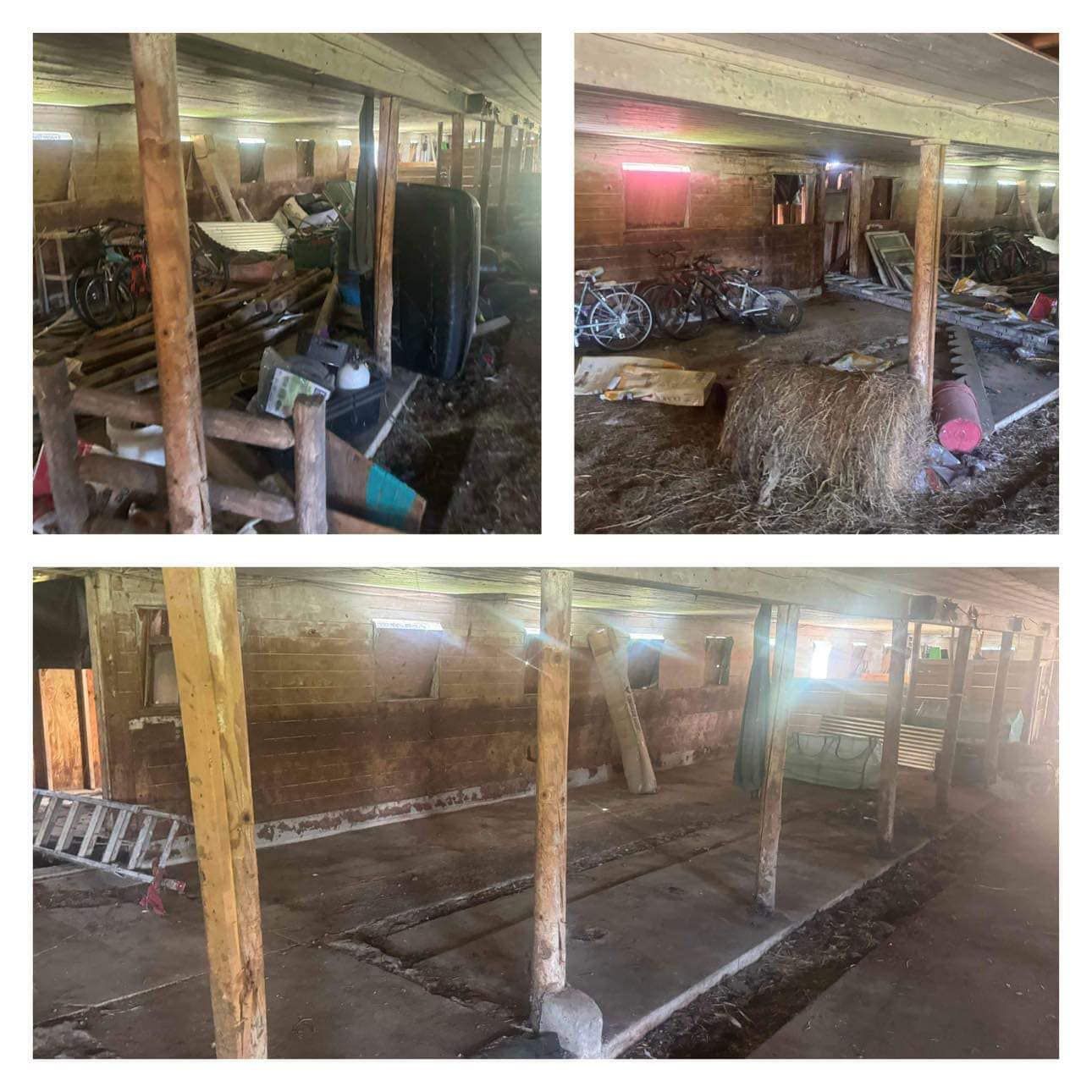 A collage of four pictures of a barn with hay bales and a ladder.