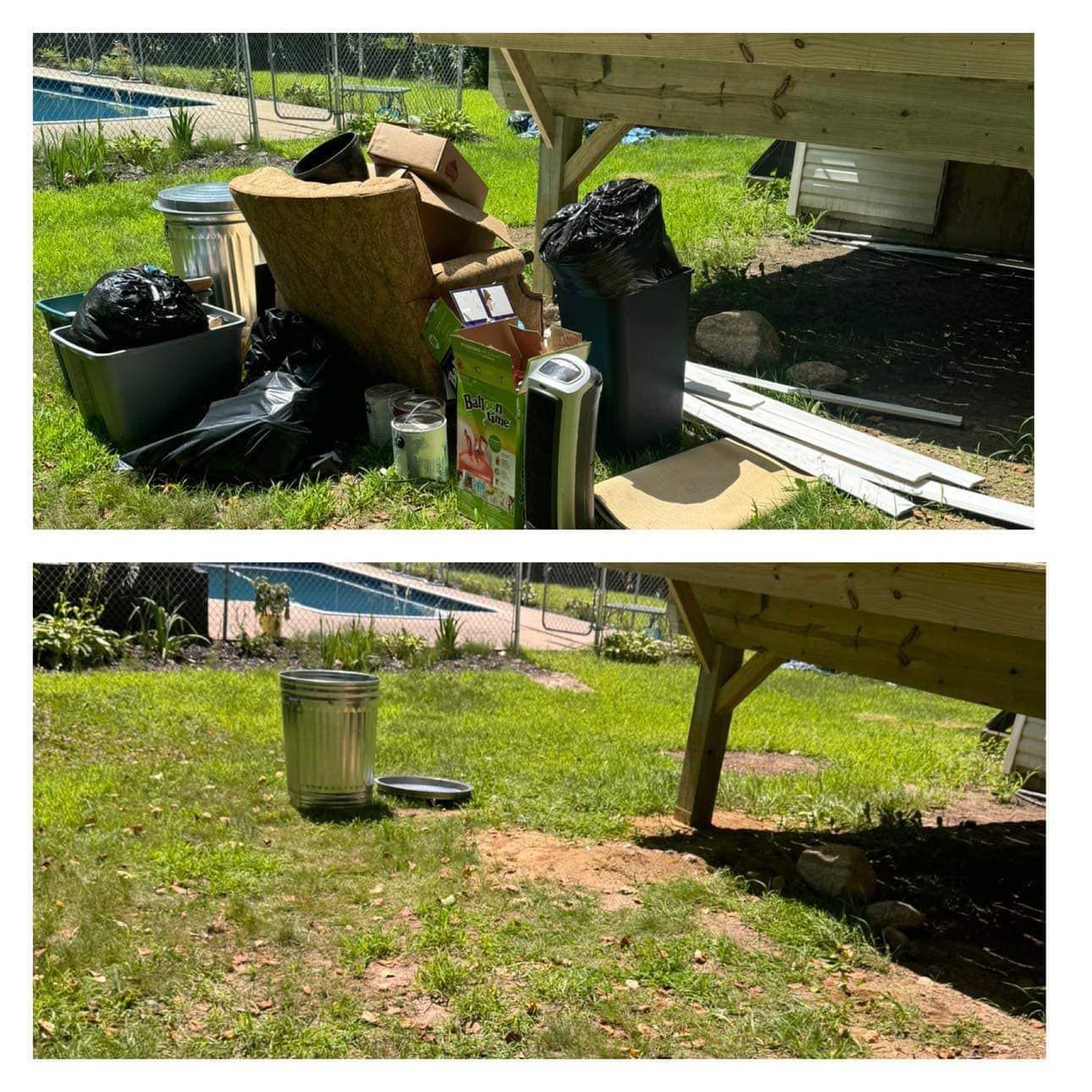 A pile of trash is sitting on the grass next to a pool.