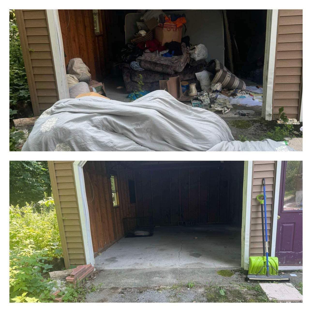 A before and after picture of a garage filled with junk.