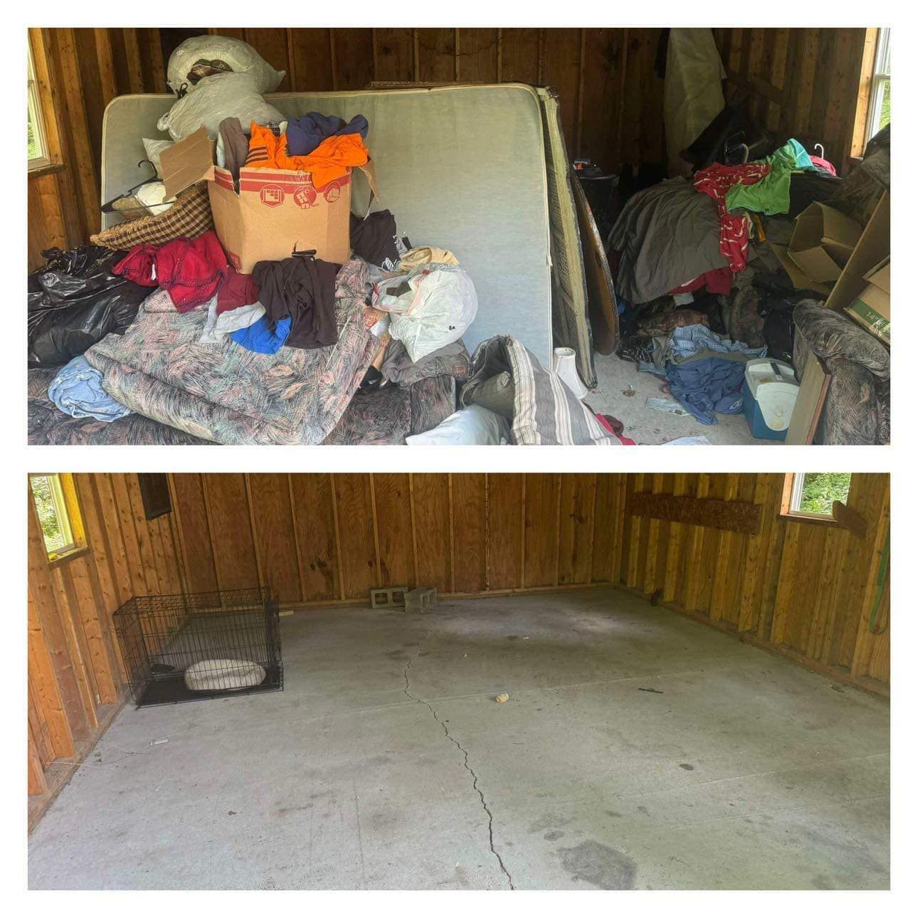 A before and after picture of a shed filled with junk.