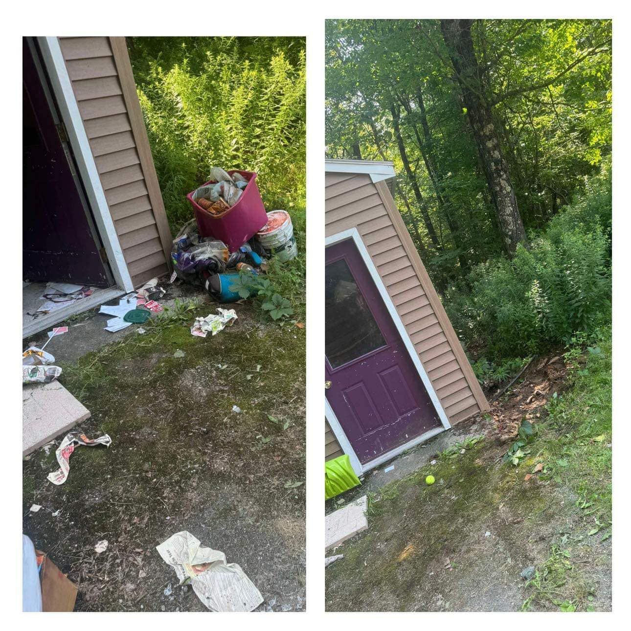A house with a purple door and a lot of trash on the ground.