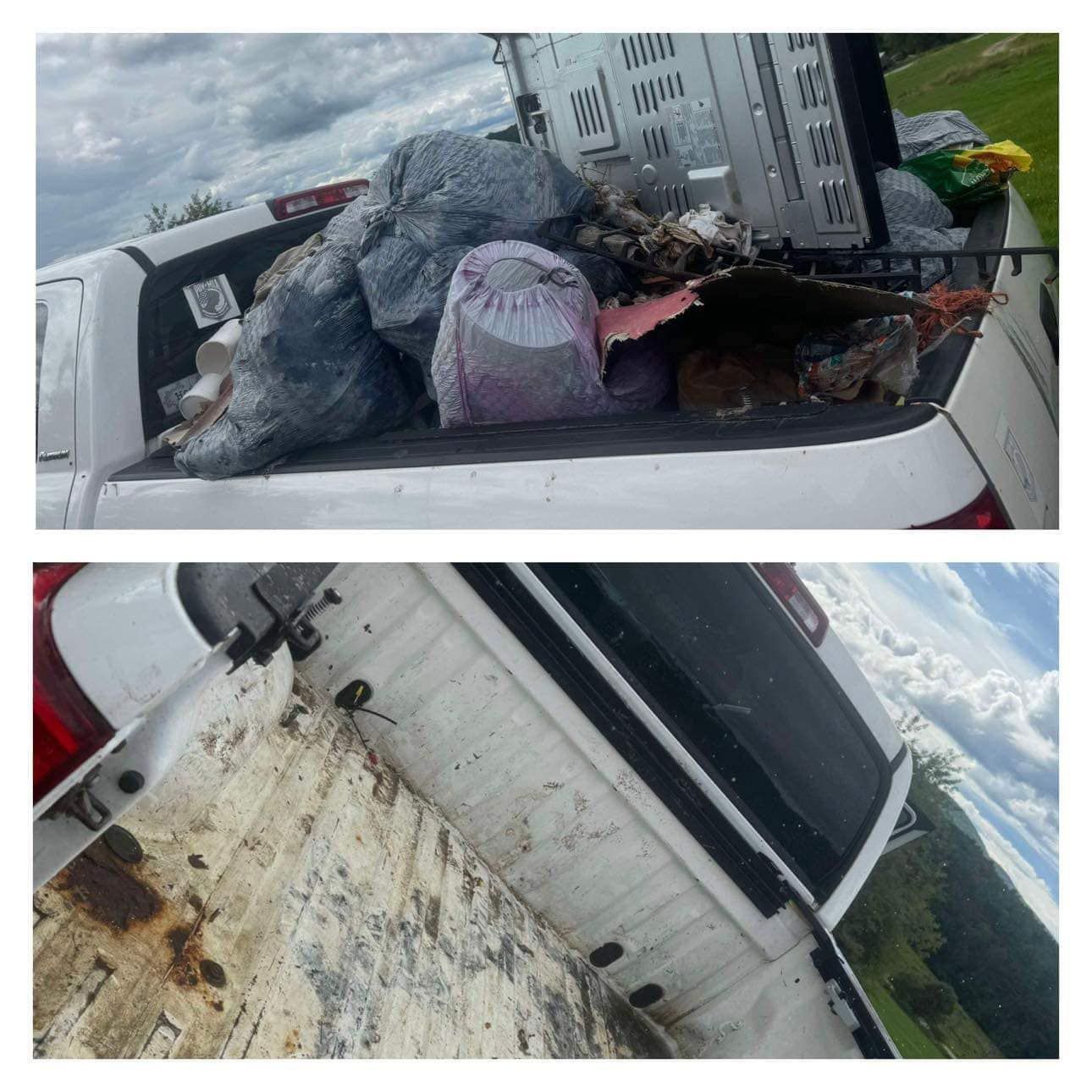 A white truck with a bunch of trash in the back