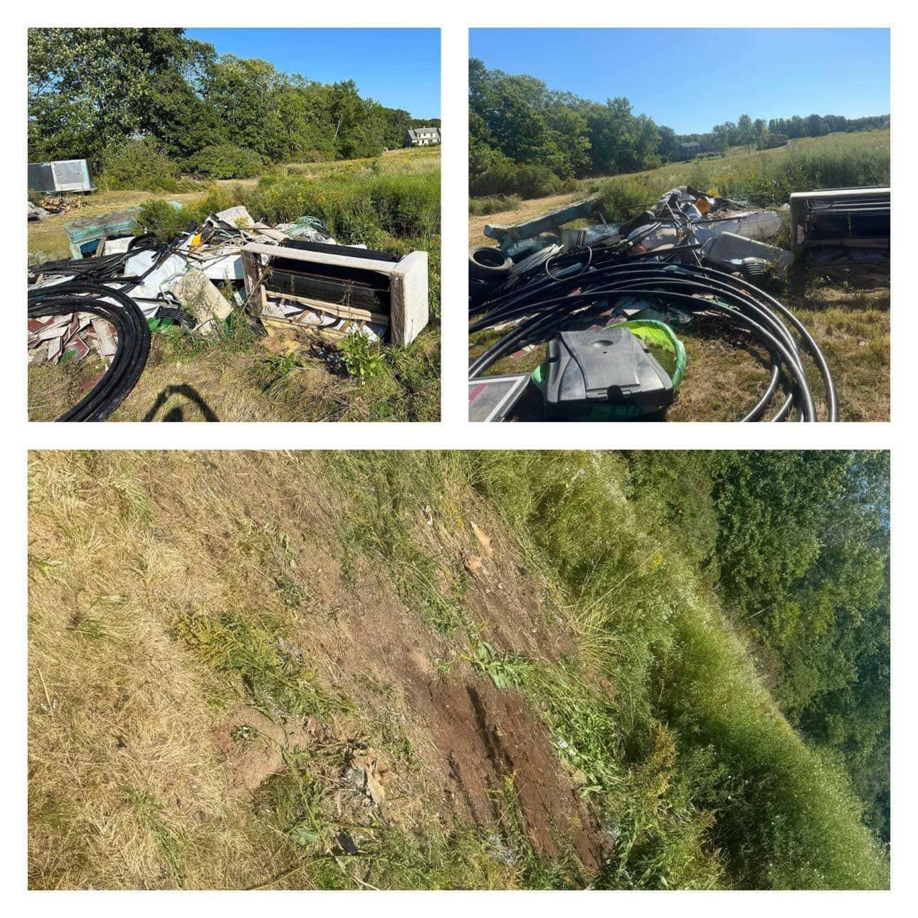 A collage of three pictures of a field with a lot of junk in it.