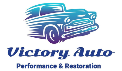 Logo for Victory Auto: classic car illustration with speed lines, blue-purple gradient,