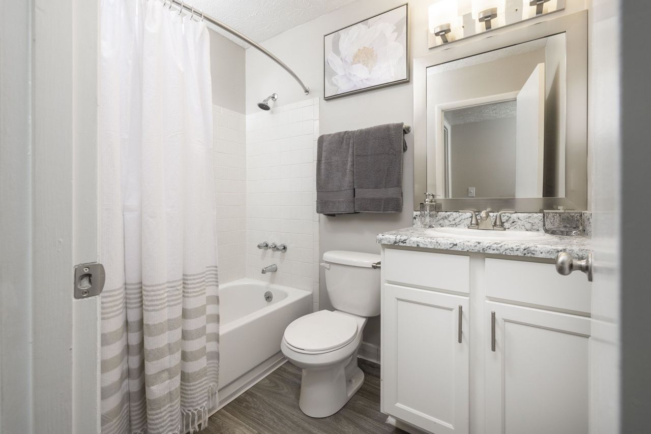 A bathroom with a toilet , sink , bathtub and shower curtain at Cross Creek.