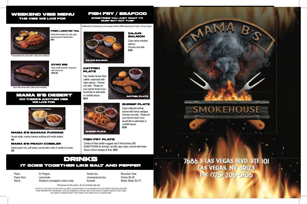 Menu for Mama B's Smokehouse in Las Vegas, featuring BBQ, seafood, sides, drinks, and restaurant location information.