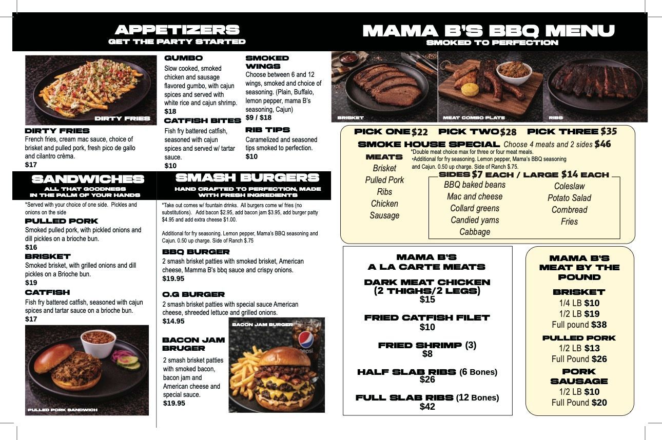 A menu for Mama B's BBQ listing appetizers, sandwiches, smash burgers, smoked meats, and a la carte options.