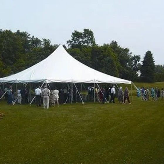 A group of people are standing under a white tent in a grassy field.