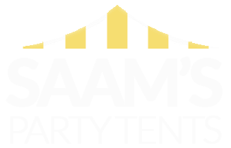 A yellow and white logo for a company called sam 's party tents.