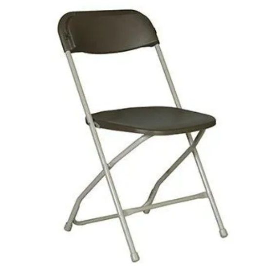 A black folding chair with a metal frame on a white background.